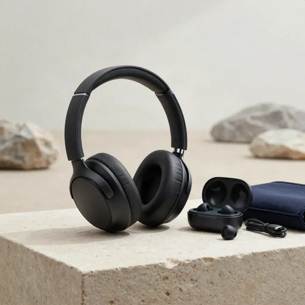 Auriculares ANC negros con estuche abierto, cable USB-C y funda sobre plinto de piedra clara.