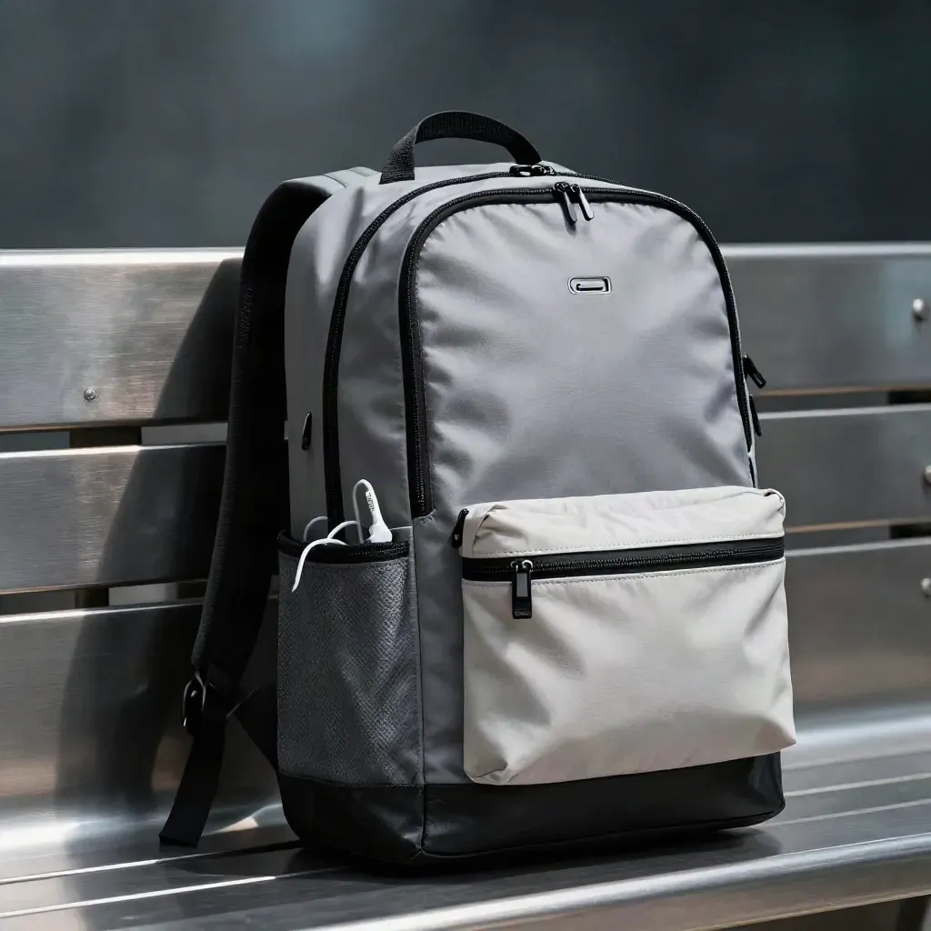 Mochila antirrobo negra con USB, apoyada en un banco metálico, con cable blanco visible.