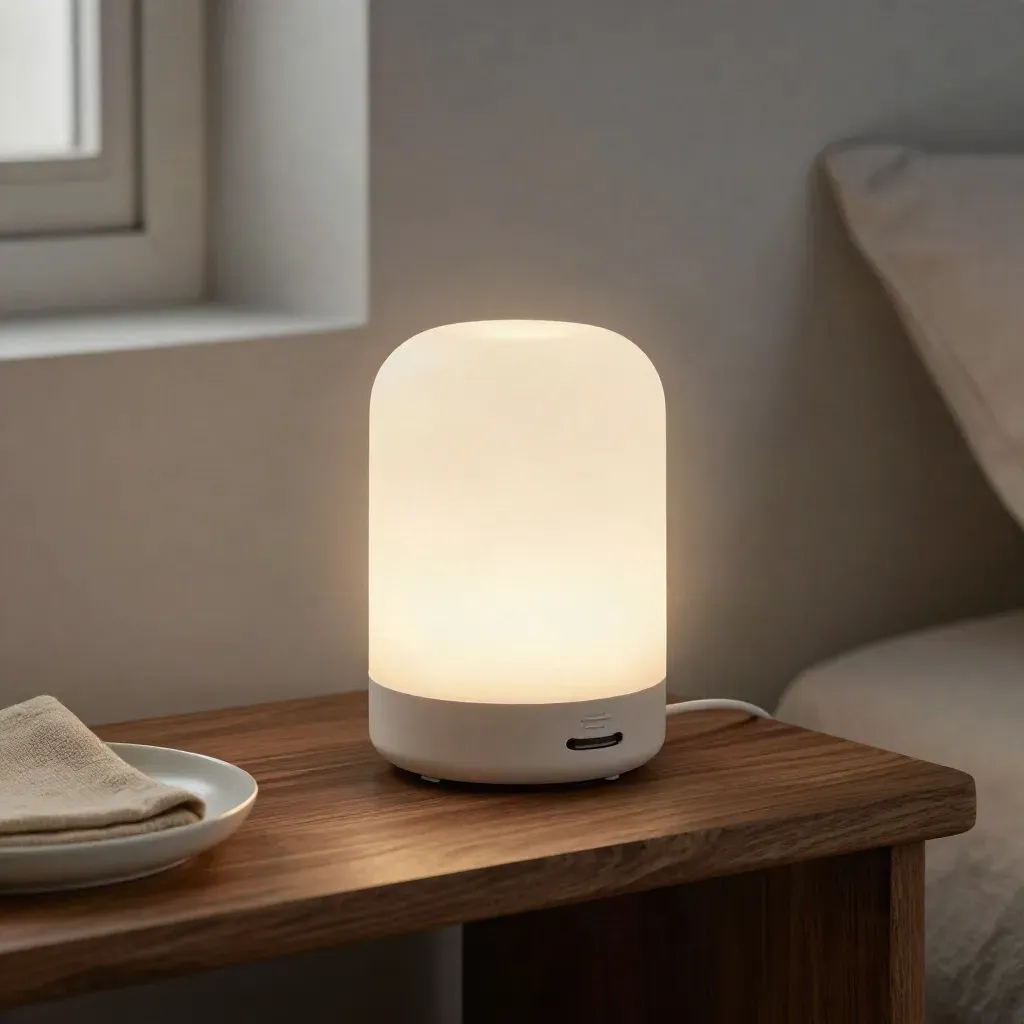 Lámpara LED de noche compacta sobre madera cálida, con halo suave y accesorios neutros.