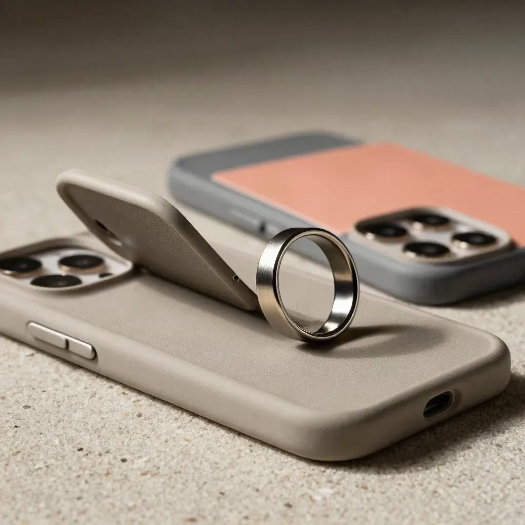 Funda móvil antideslizante con anillo metálico sobre piedra clara y un toque coral.