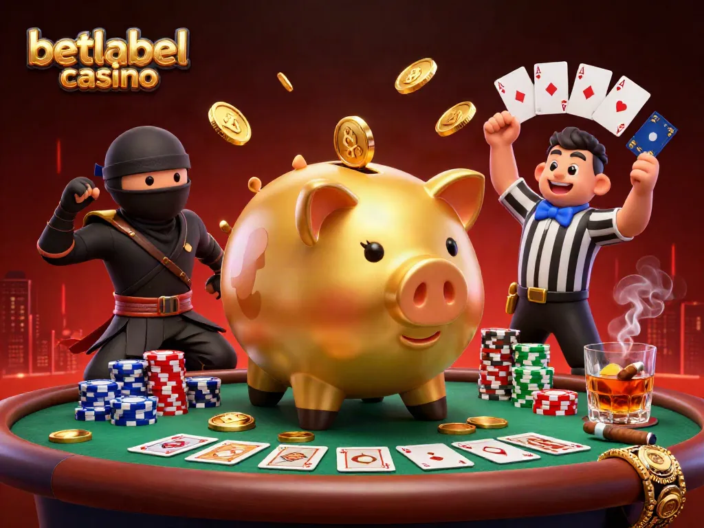 Betlabel casino players celebrate winning with golden coins in an energetic poker scene